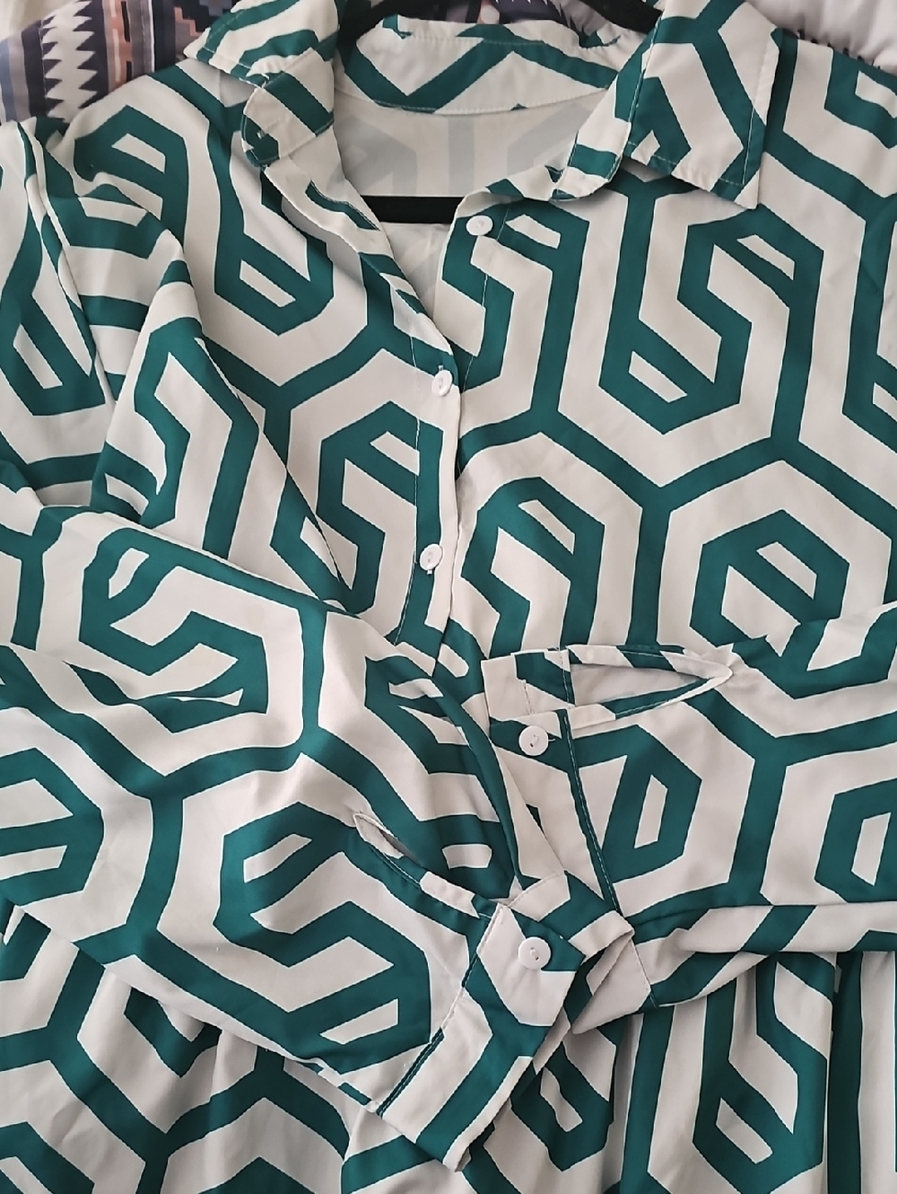 Green White Ecru Geometric Print Shirt Tunic Karen Maxi Dress 3XL - Picture 4 of 5